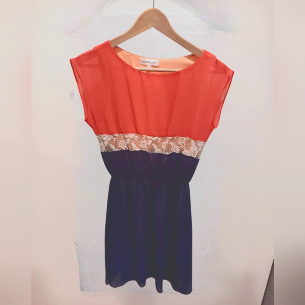 Orange and Navy Sheer Summer Dress with Lace Detail